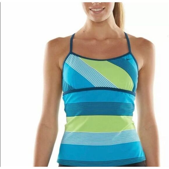 Nike Women’s Tankini Swimsuit Top Racerback Aqua, Lime & Teal Stripes 16 NWT